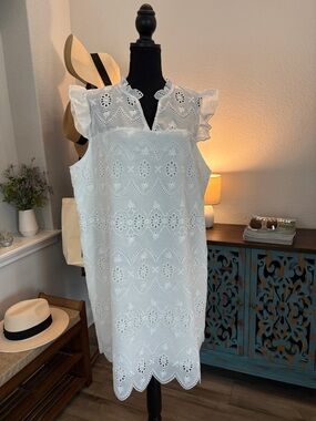 White Eyelet Cotton Sundress with Ruffle Shoulders